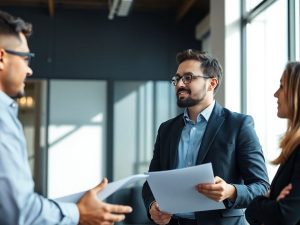 B2B-Consulting 14 Consultant discutând cu clienții într-un birou modern.