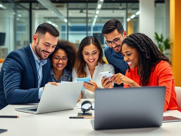 Profesioniști colaborând într-un birou modern despre digitalizare.